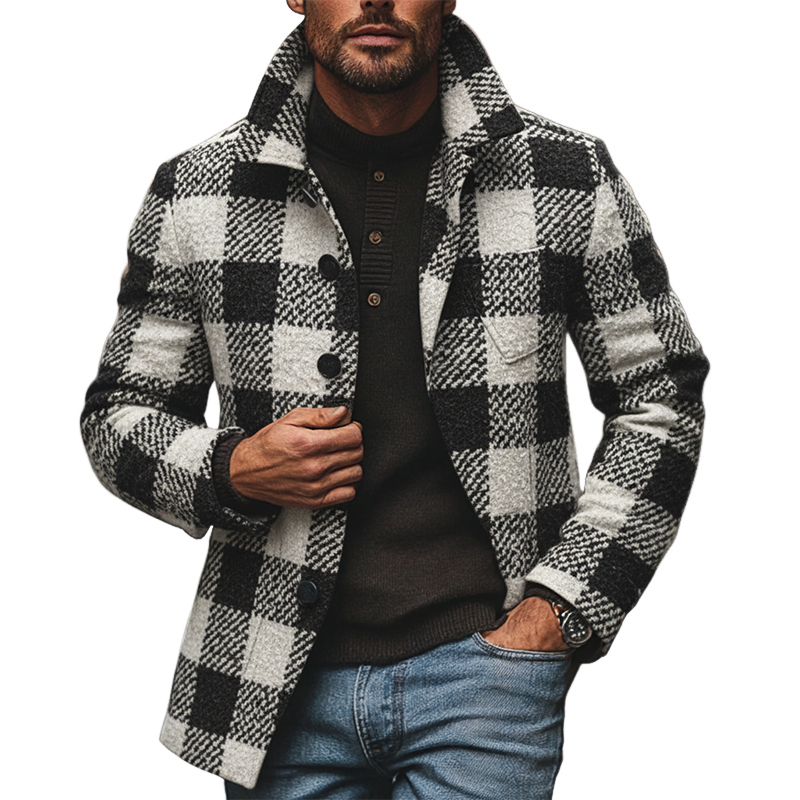 Men's Casual Plaid Blend Lapel Mid-length Coat MTA2998I8X