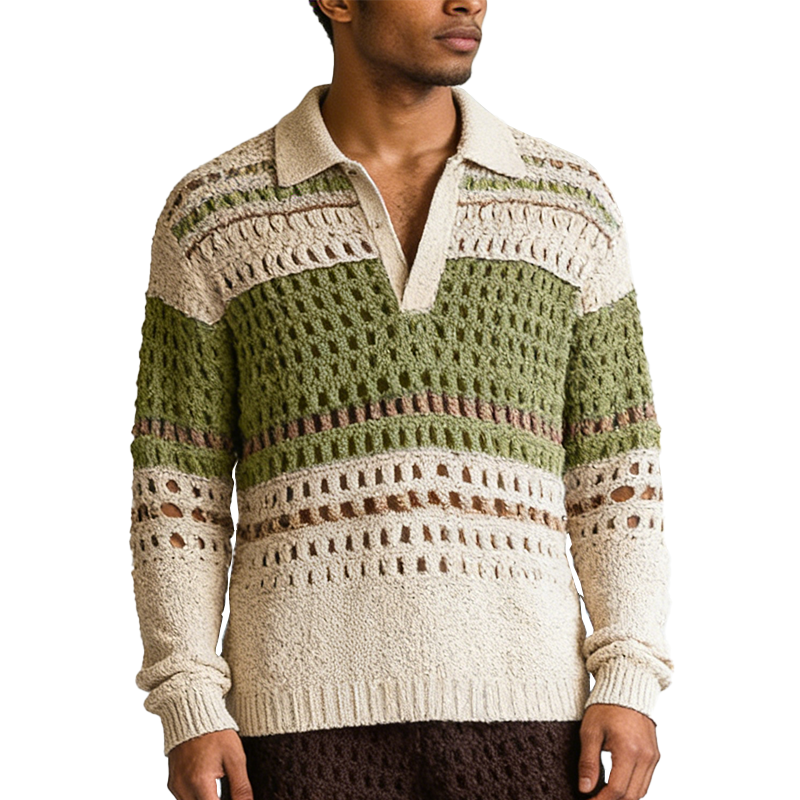 Men's Spring Retro Cotton Yarn Knitted Hollow-out Long-Sleeve Sweater MTZ2208A0P