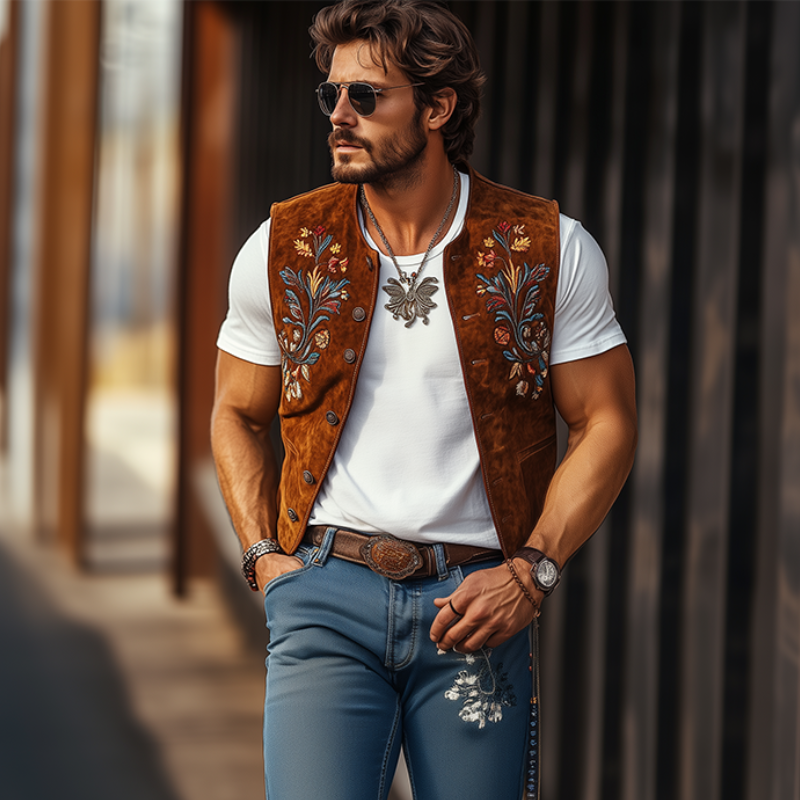 Klassisk retro vestlig cowboystil for menn brodert uformelt semsket skinnvest 17190584K