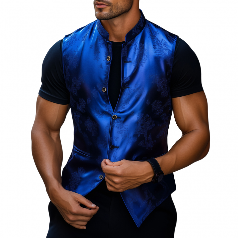 Men's Vintage Elegant Satin Jacquard Stand Collar Single Breasted Slim Suit Vest MTA2420G0M