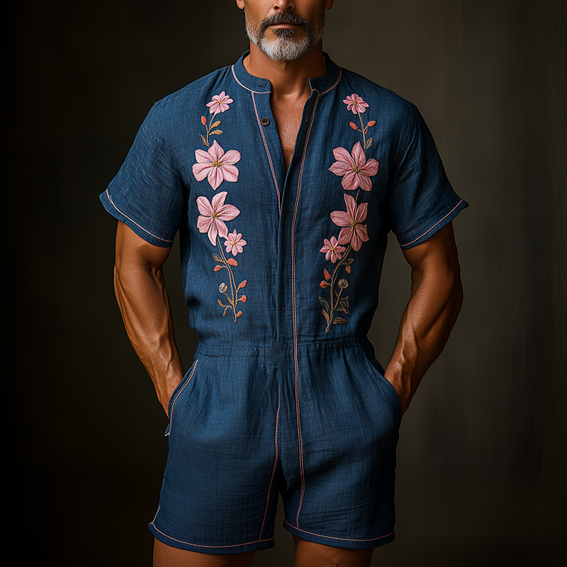 Men's Summer Fashion Floral Embroidery Slub Cotton Short Sleeve Jumpsuit MTA1259F3P