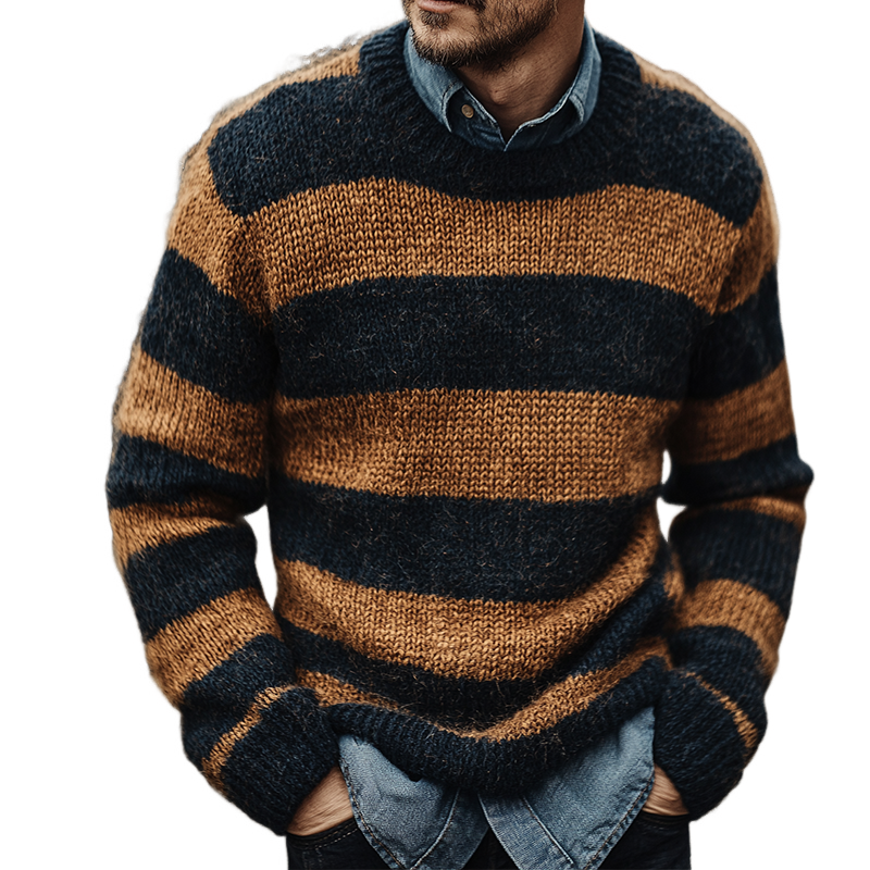 Men's Retro Casual Striped Colorblock Crew Neck Sweater MTA1027J9TO