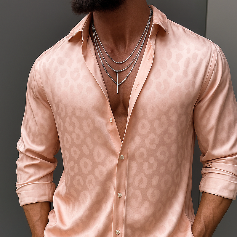 Men's Leopard Satin Lapel Long Sleeve Shirt MTA2135G0Z