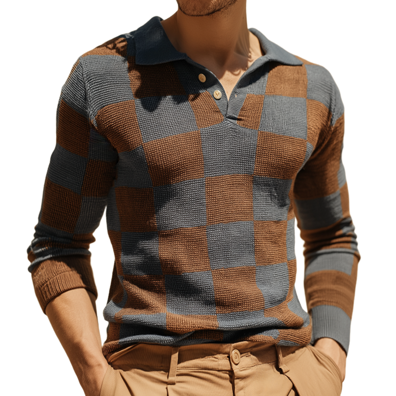 Men's Retro Casual Checkered Colorblock Knitted Long Sleeve Polo Shirt MTA2870H6TO