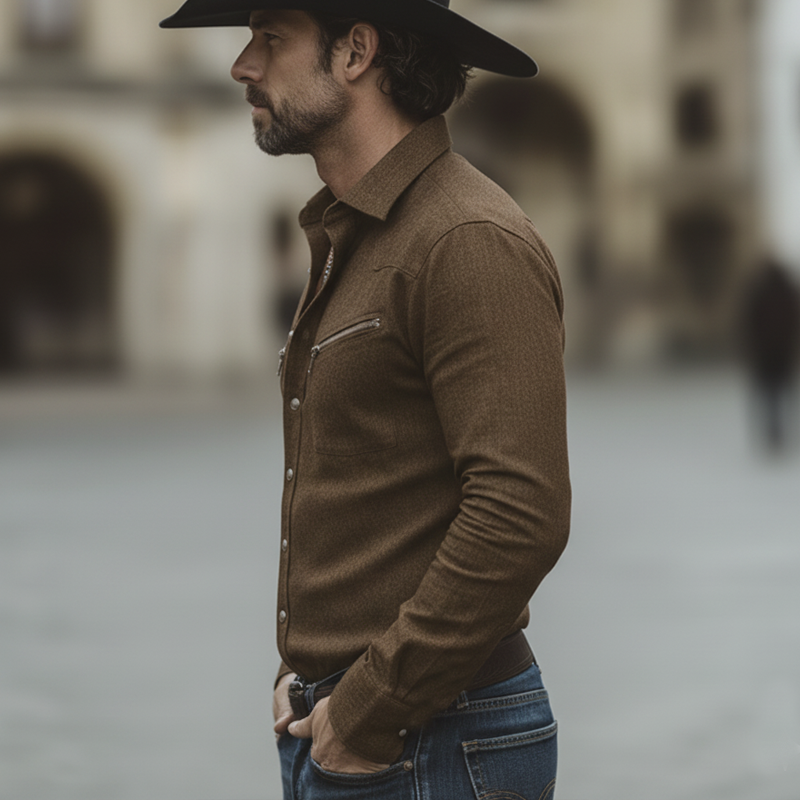 Men's Vintage Brown Slightly Stretchy Denim Long-sleeved Shirt MTZ0942A4U