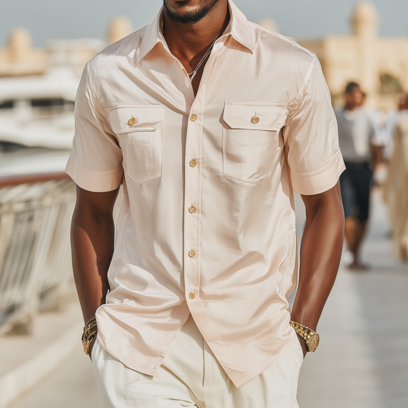 Men's Vintage Elegant Solid Satin Lapel Chest Pocket Slim Fit Short Sleeve Shirt MTA1134G8M