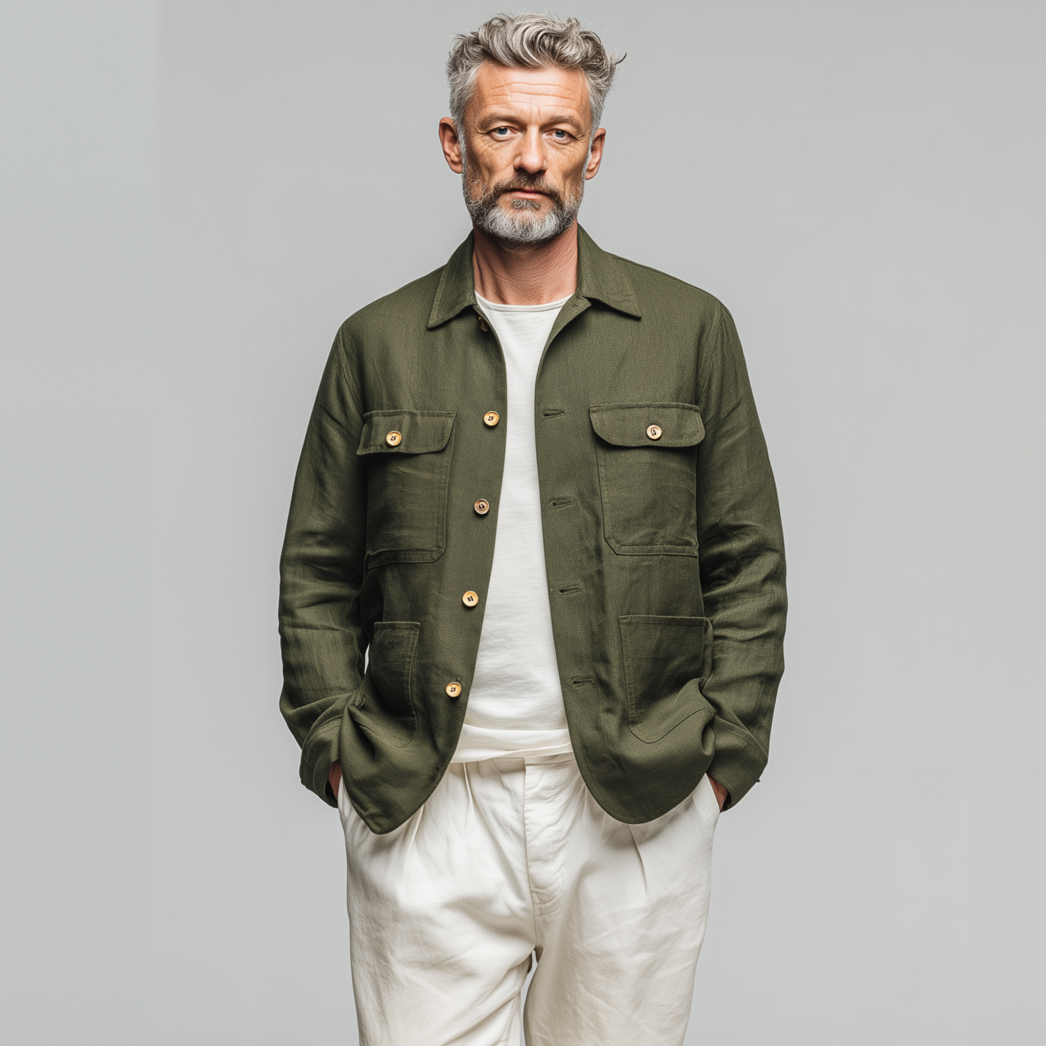 Men's Classic Casual Lapel Collar Cotton And Linen Blend Multi-pocket Long-sleeved Shirt MTA2501G9K