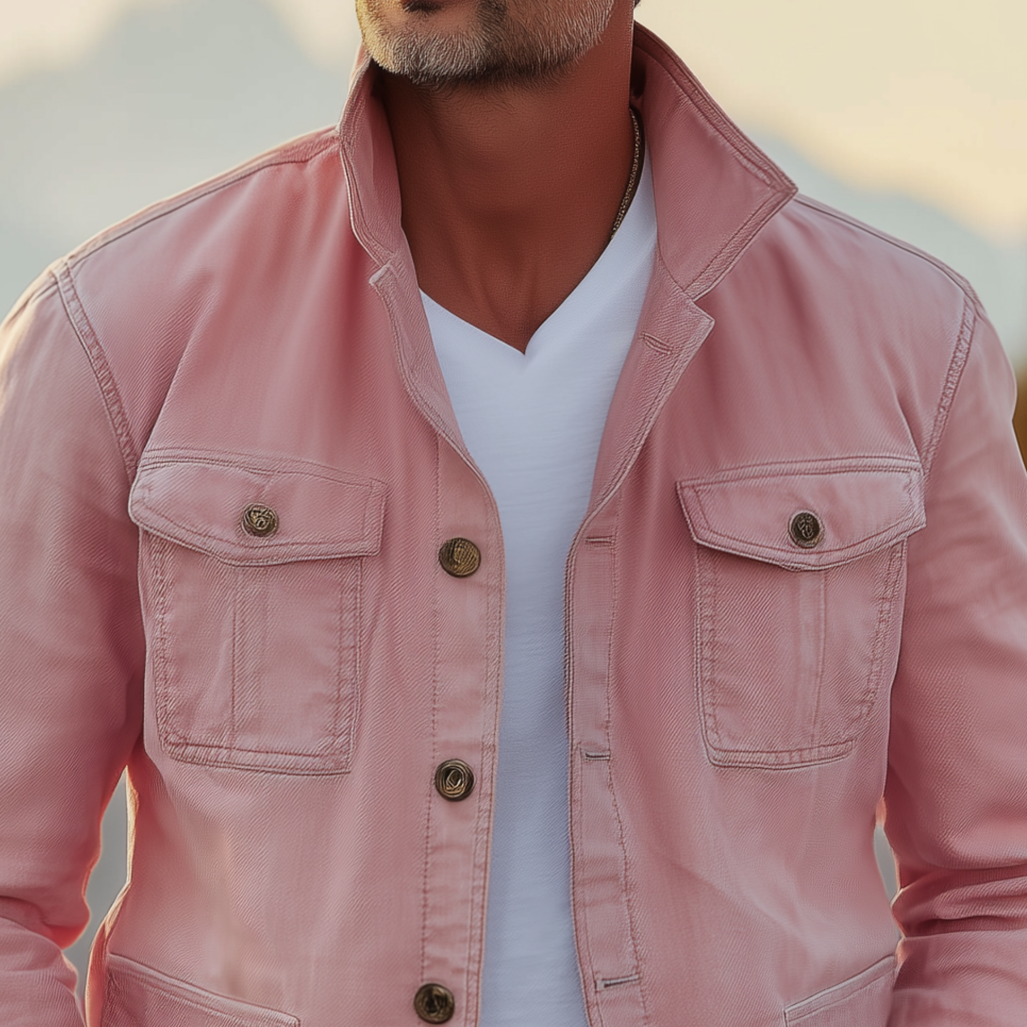 Men's Classic American Retro Western Style Stand Collar Washed Pink Denim Multi-pocket Jacket MTA2096H5K