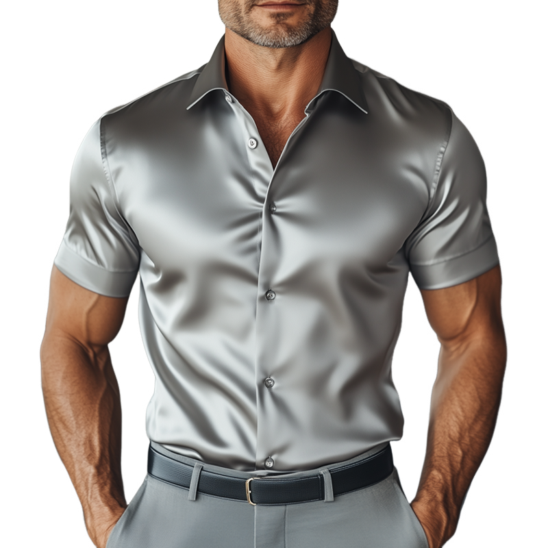 Men's Summer Basic Solid Color Satin Short Sleeve Shirt MTA1048F7U