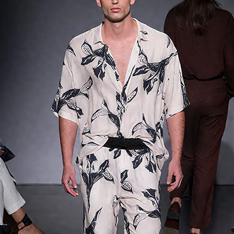 Men's Spring And Summer Fashion Casual Satin Printed Short Sleeve Shirt Elastic Waist Pants Set MTA0494G0K