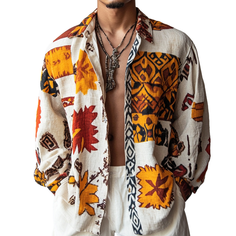 Men's Retro Casual Ethnic Style Printed Cotton and Linen Lapel Long Sleeve Shirt 95738664TO