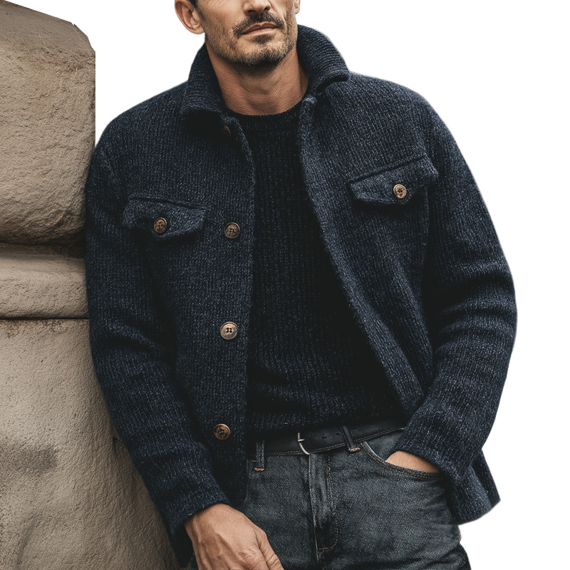 Men's Retro Navy Blue Stand Collar Button Knit Cardigan MTA3194J2U