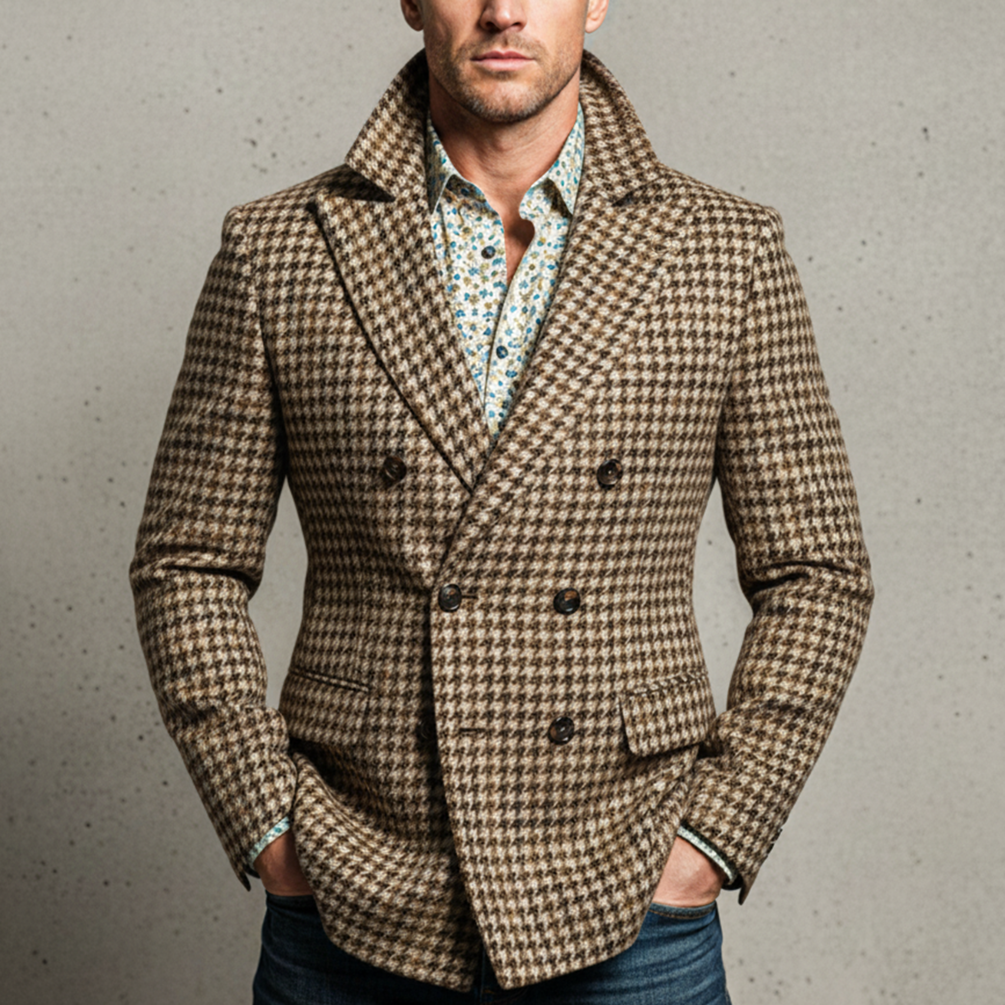 Men's Classic Retro Double-breasted Slim-fit Houndstooth Faux Wool Suit Coat MTA2309I1K