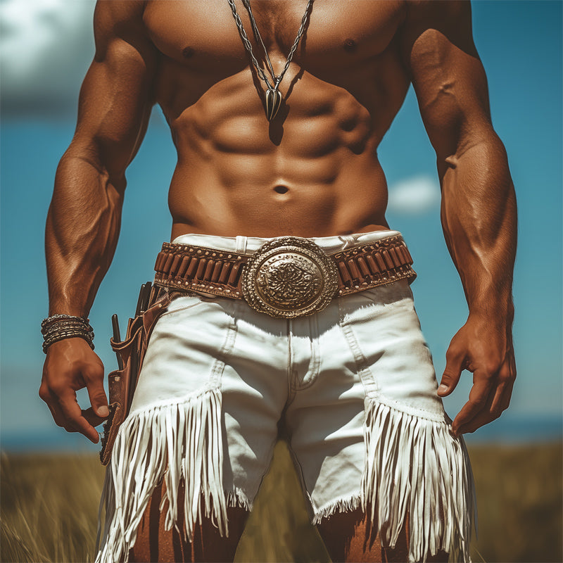Men's Summer Western Style Denim Tassel Shorts MTA1582E5U