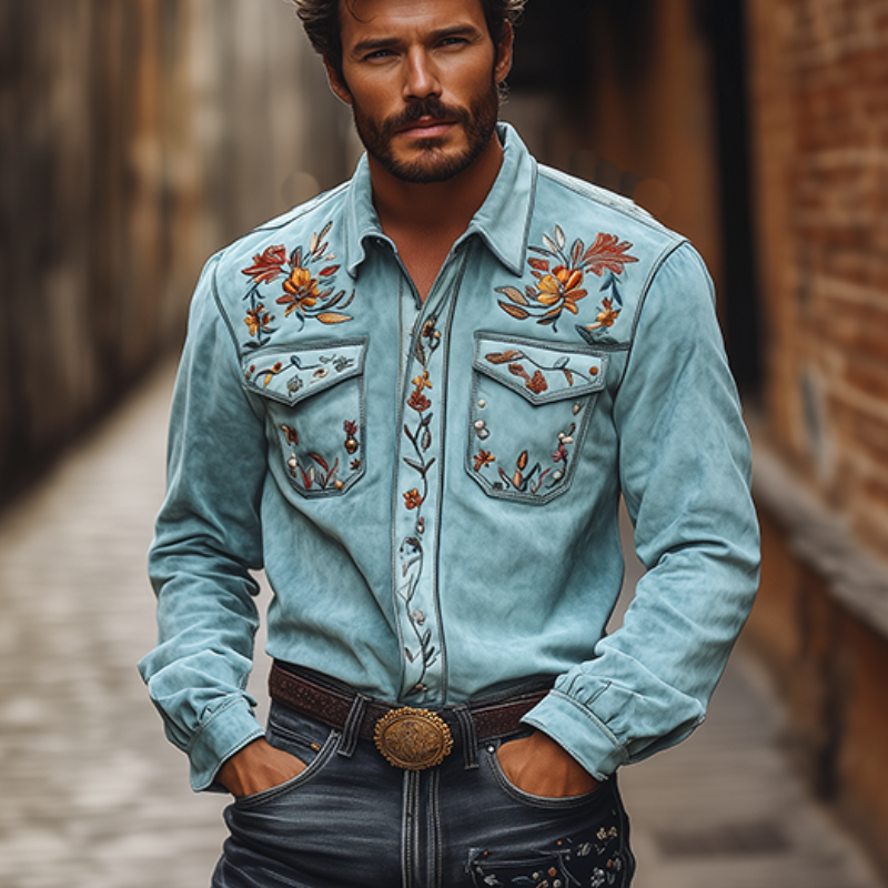 Men's Classic American Retro Western Suede Embroidered Shirt 54064779K