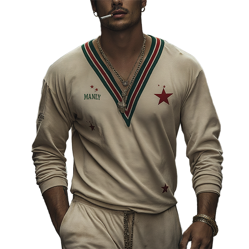 Men's Retro Print Cotton Blend V-Neck Long Sleeve T-Shirt MTA2961K7P