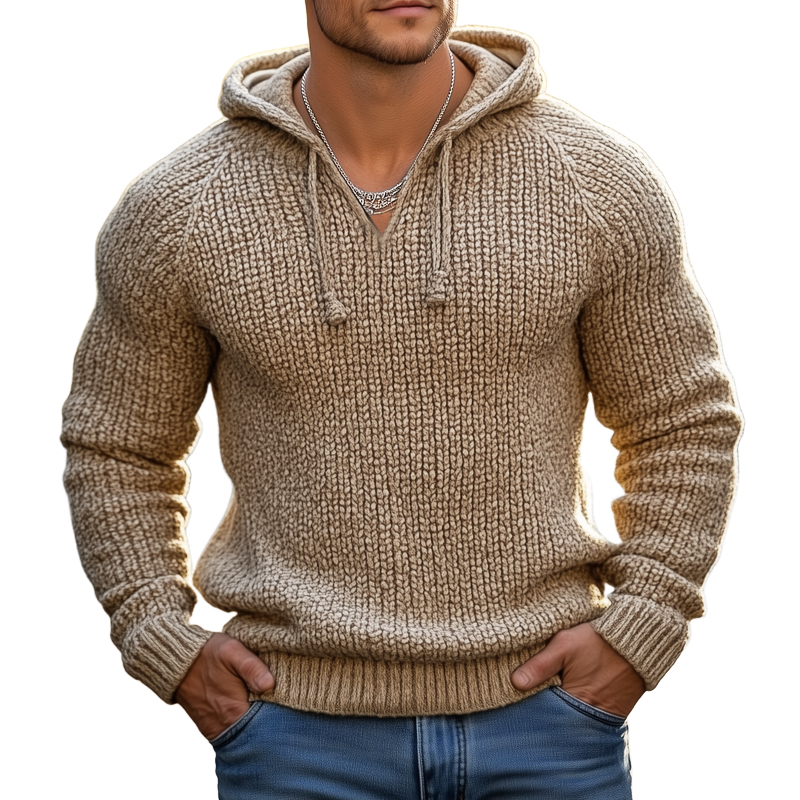 Men's Classic Oatmeal Color Chunky Knit Slim Fit Hoodie