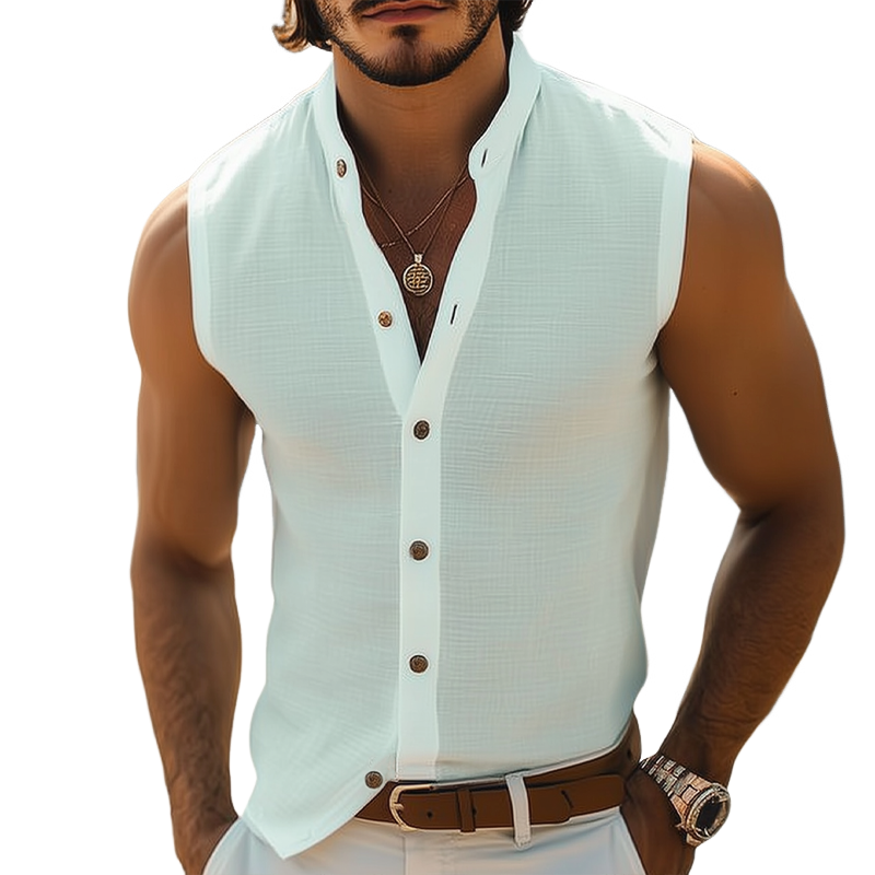 Men's Summer Basic Stand Collar Texture Sleeveless Shirt MTA0513G3U