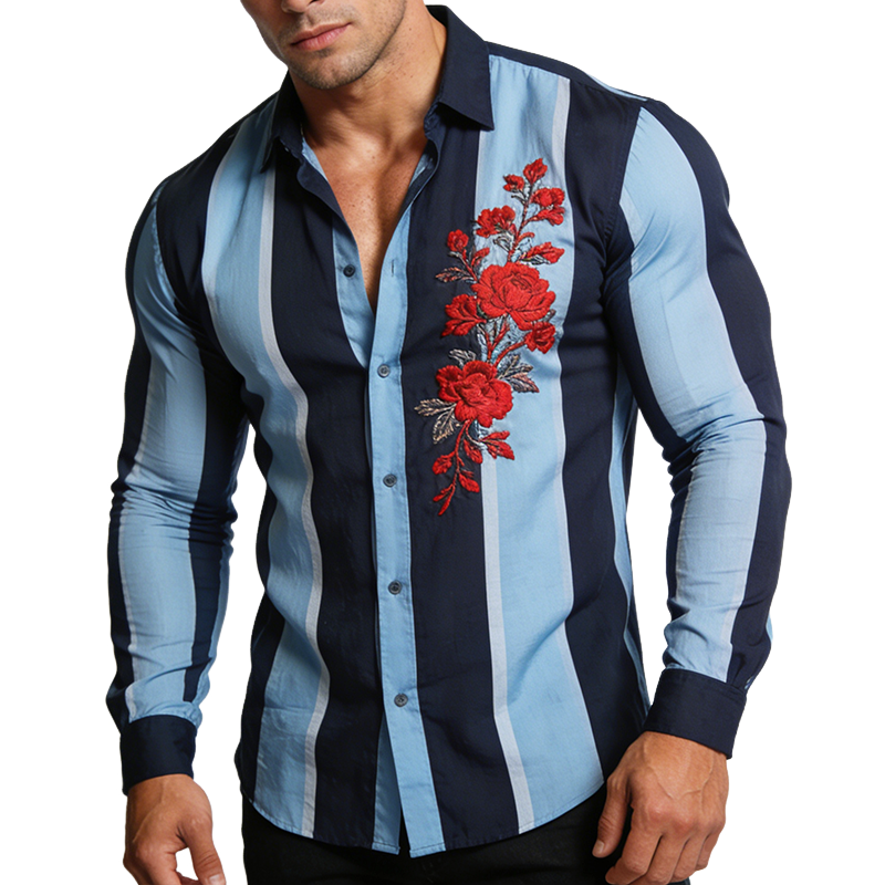 Men's Retro Casual Striped Embroidered Lapel Long-Sleeve Shirt MTA1957L5TO