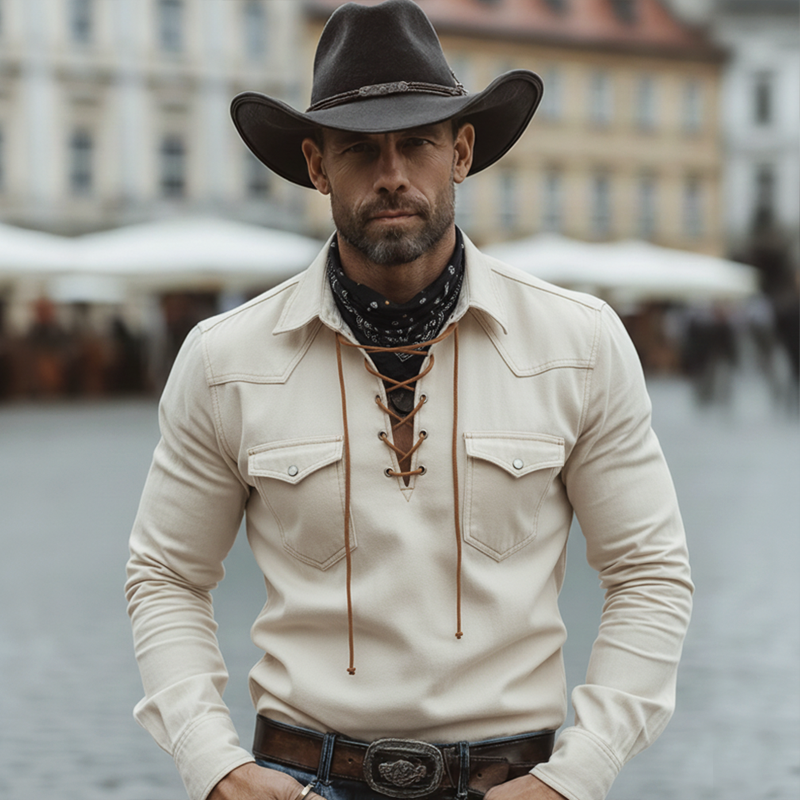 Men's Western Cowboy Style V-Neck Tie-Up Faux Suede Sweatshirt MTZ0955A8U