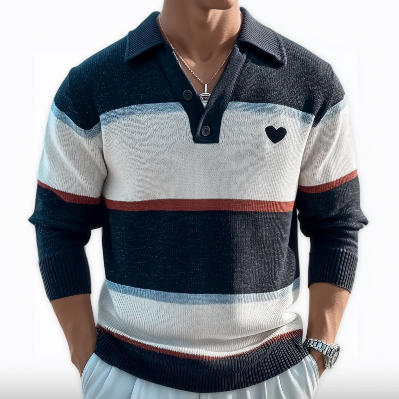 Men's Casual Breathable Lapel Contrast Striped Loose Knit Long-sleeved Polo Shirt MTA3193G2M