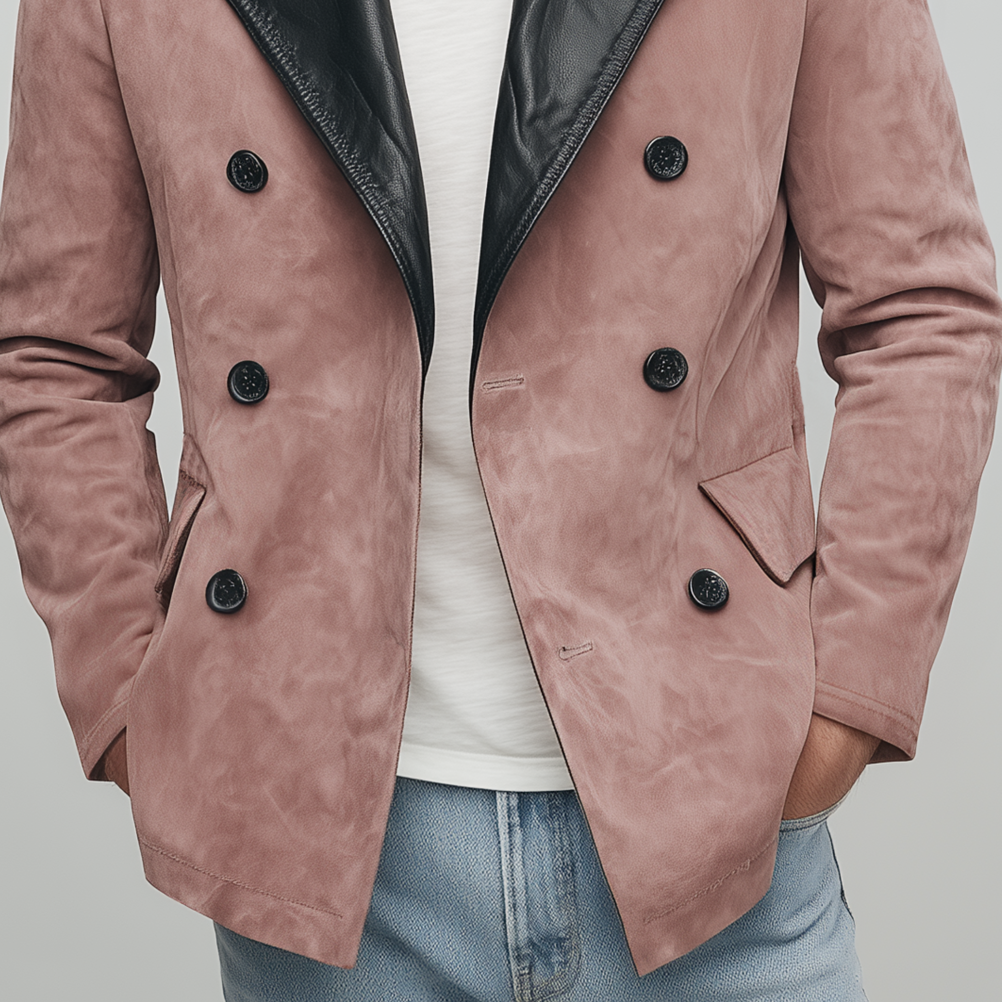 Men's Classic Casual Lapel PU Leather Double-breasted Pink Suede Jacket MTA0266I0K