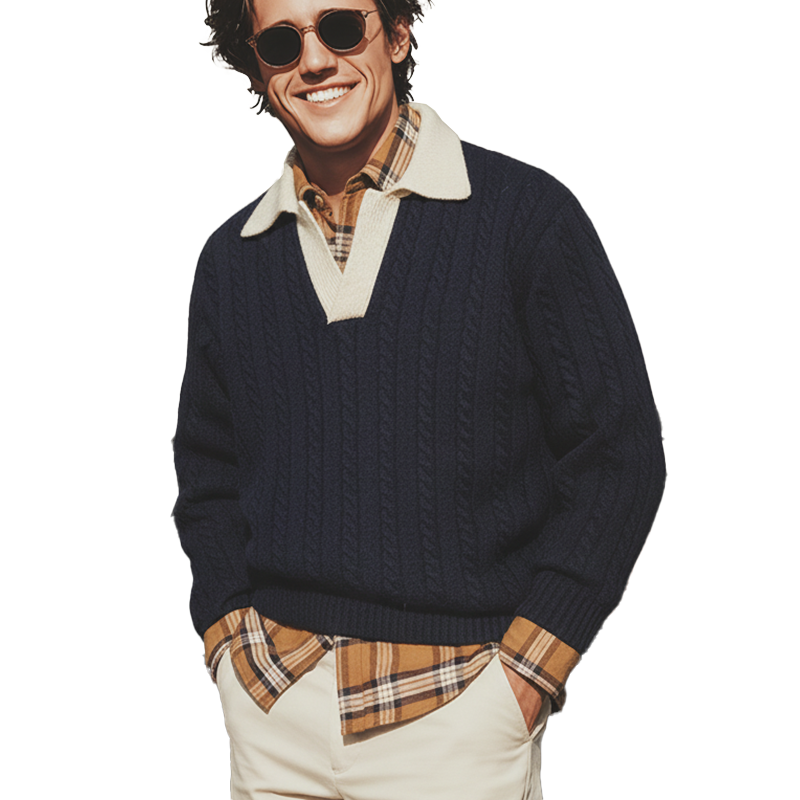 Men's Autumn And Winter Fashion Cotton Yarn Knitted Contrast Color V-neck Sweater MTA1890I1P