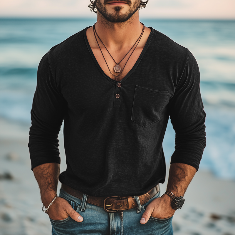 Men's Basic Deep V Neck Cotton Solid Color Long Sleeve T-Shirt MTA2494G0U