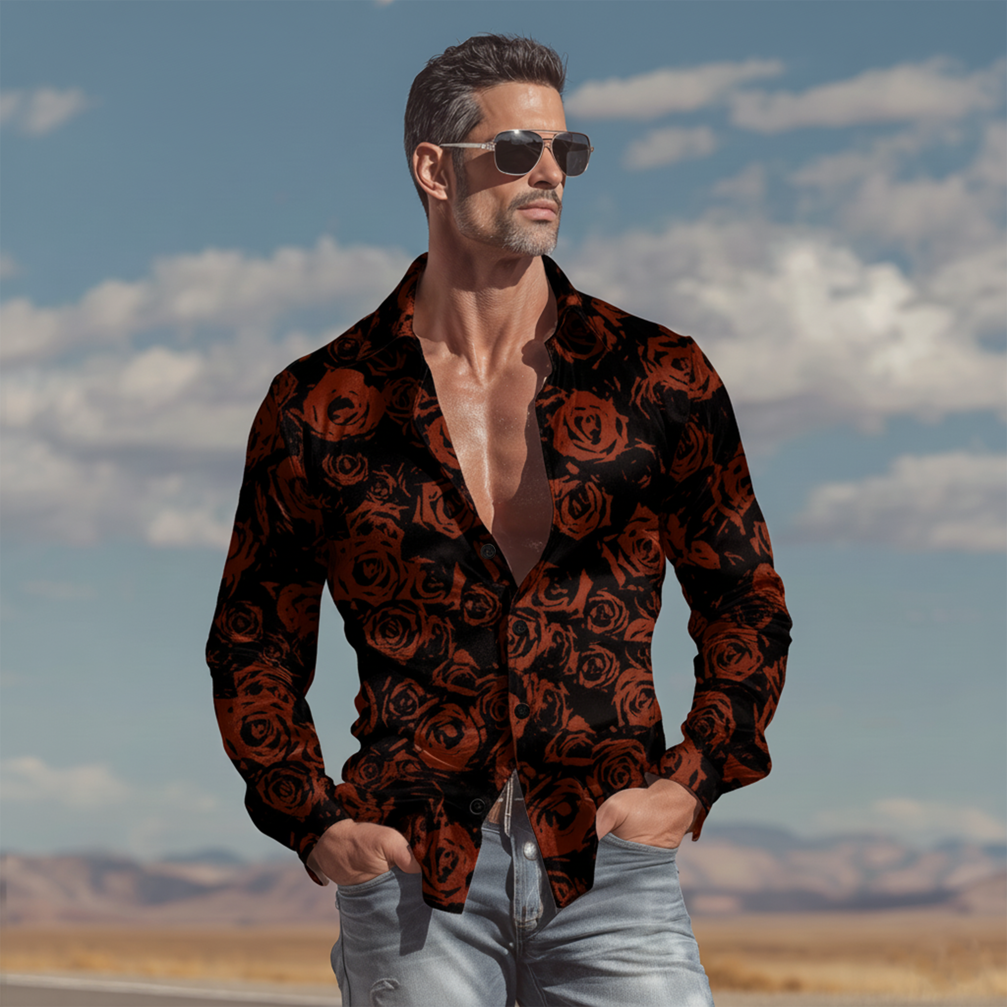 Men's Classic Vintage Rose Print Satin Long-sleeved Shirt MTA2284L4K