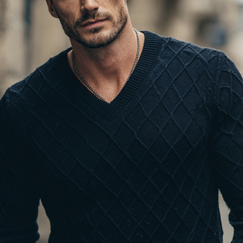 Men's Solid Color Diamond Check Texture V-neck Pullover Sweater MTA1351H3X
