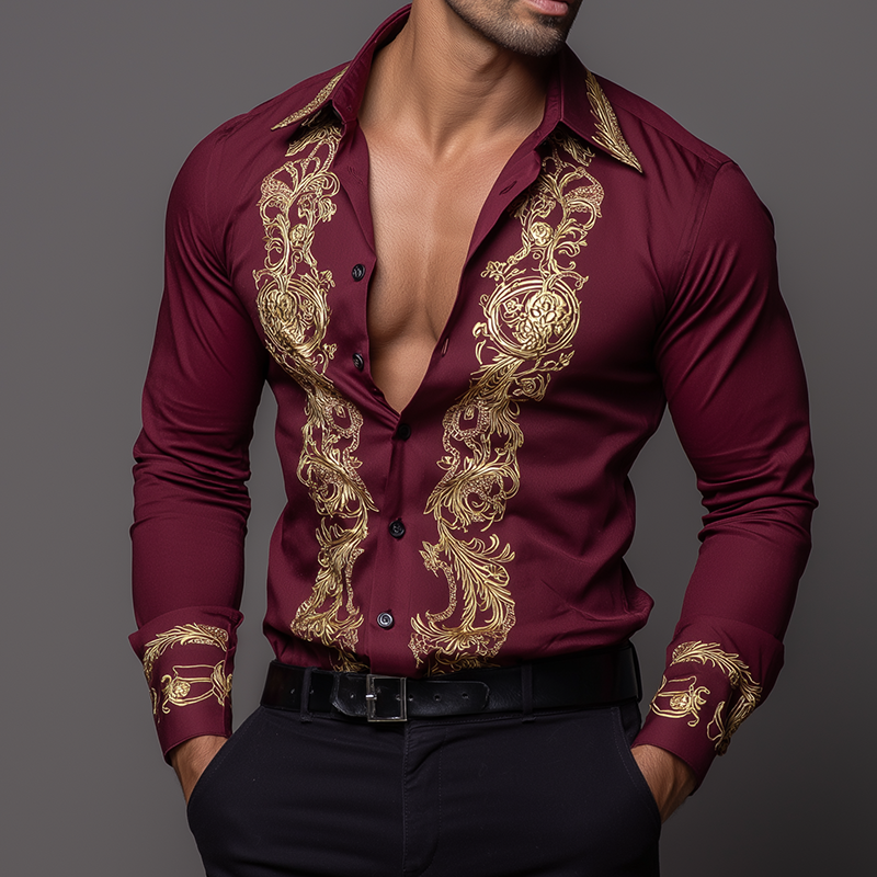 Men's Retro Casual Baroque Print Lapel Long Sleeve Shirt  MTA3068G9TO