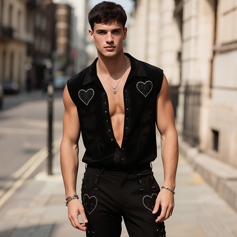 Men's Retro Casual Embroidered Love Patch Diamond Lapel Sleeveless Shirt MTA1988F0TO