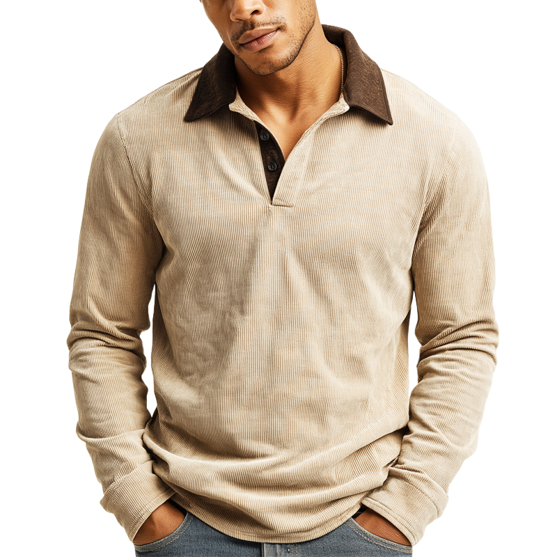 Men's Classic Corduroy Three-Button Color-Blocked Collar Polo Shirt MTA0388K3U