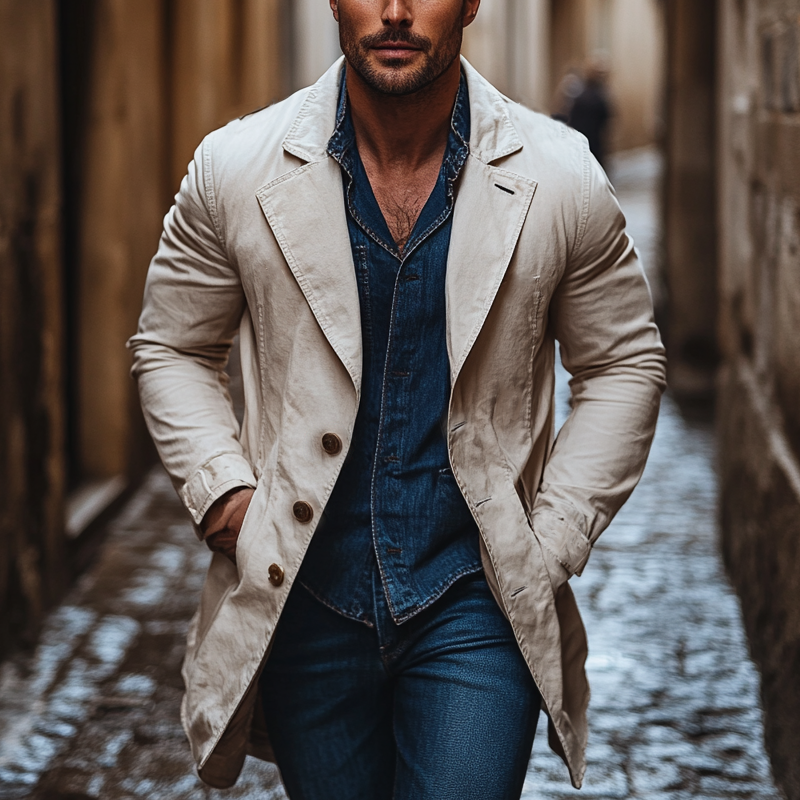 Men's Solid Color Cotton Lapel Single-breasted Mid-length Trench Coat MTA2804I1X