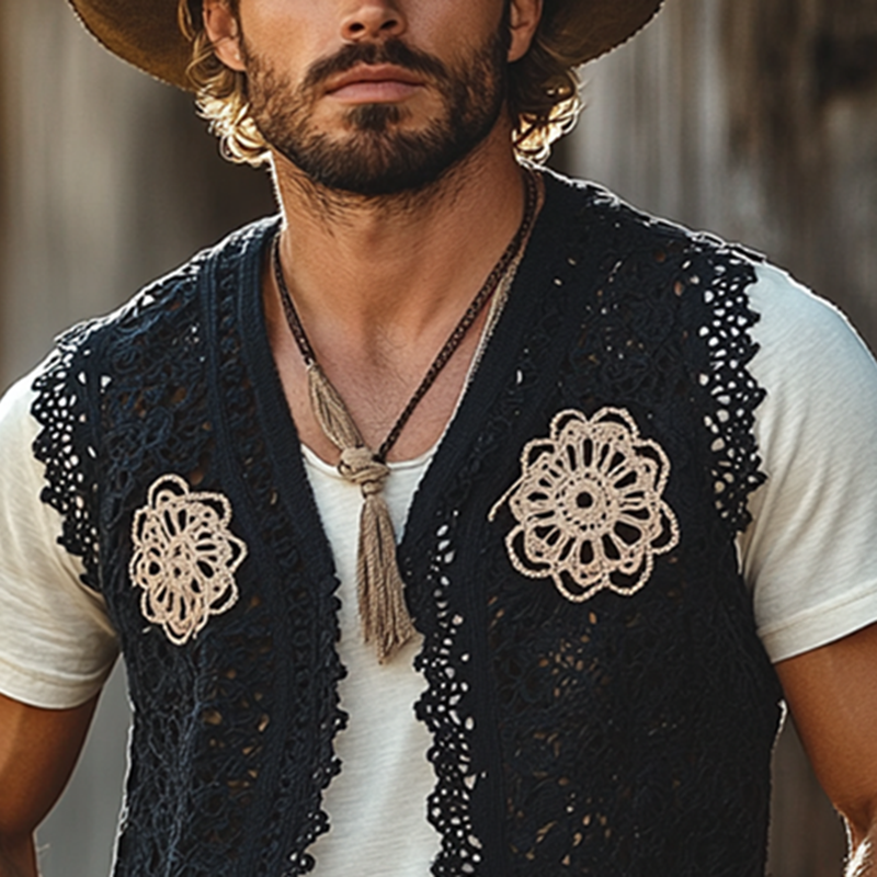 Men's Western Style Colorblock Crochet Buttonless Vest MTA1322F3Y