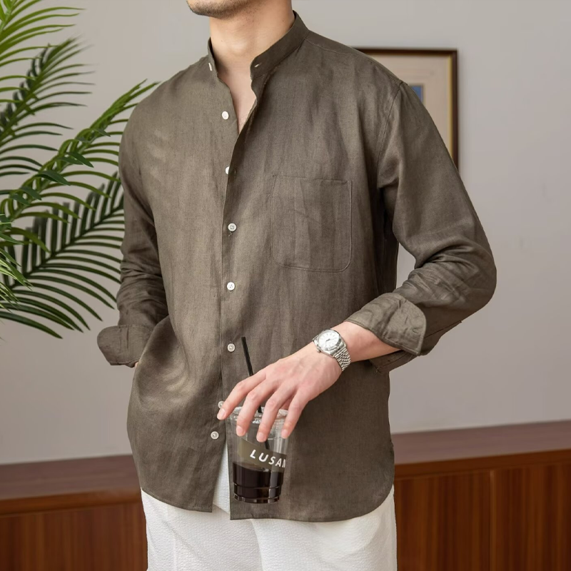 Men's Cotton And Linen Solid Color Stand Collar Long Sleeve Shirt MTA2810G8X