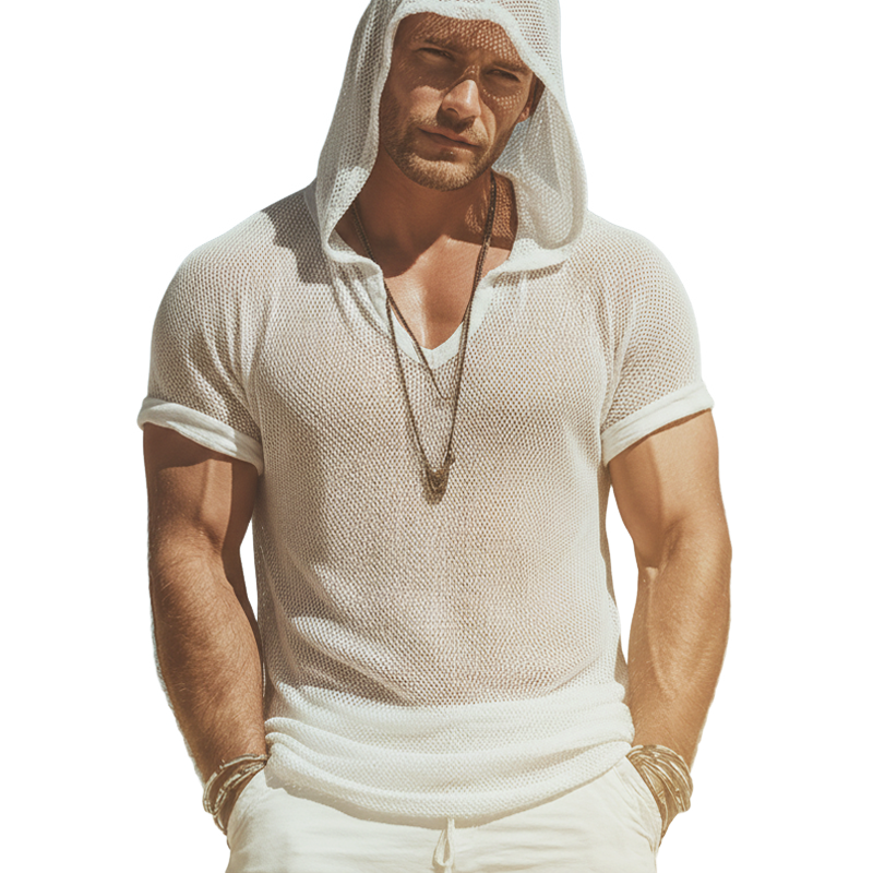 Men's Urban Mesh V-Neck Hooded Short-Sleeve T-Shirt MTZ1358B5U
