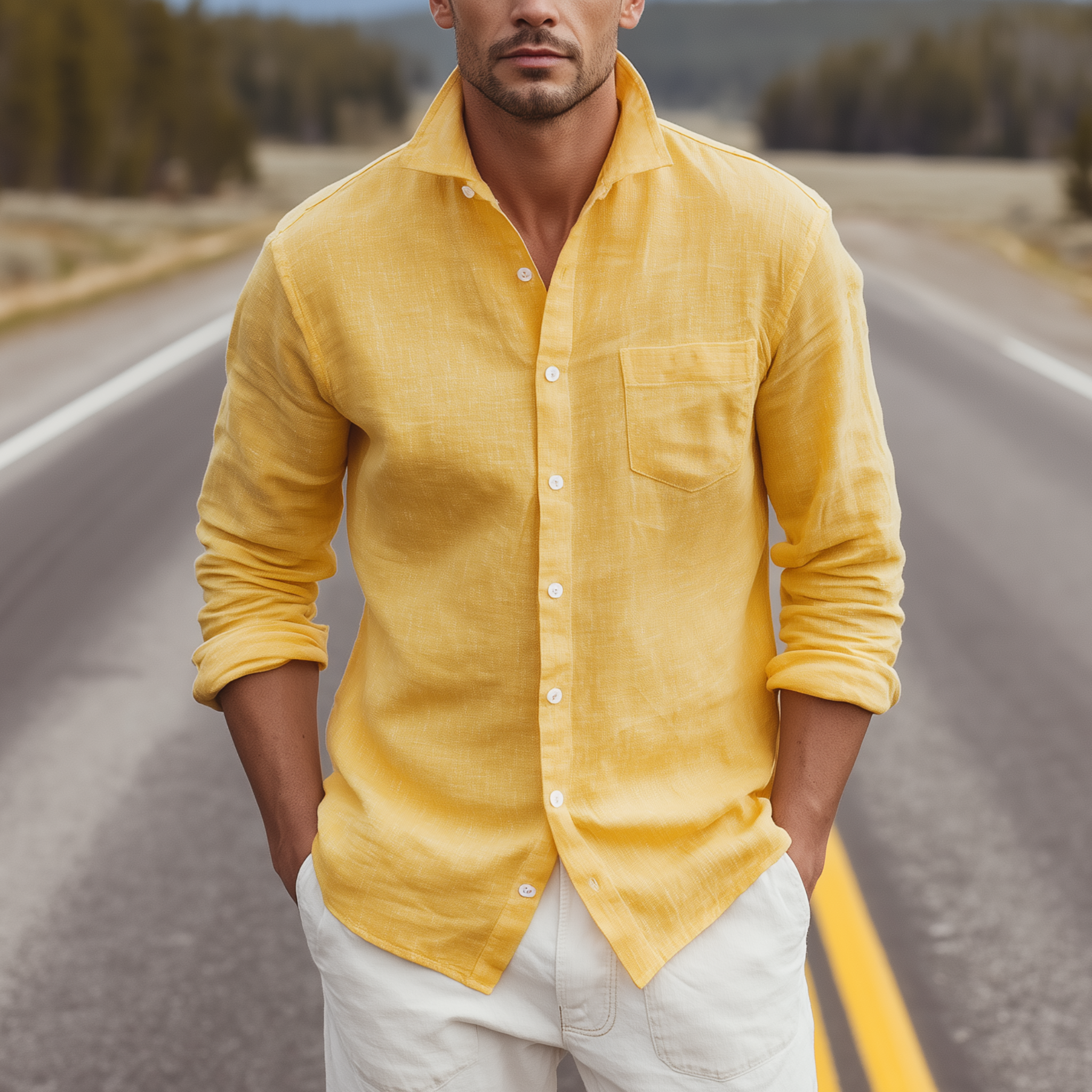 Men's Classic Casual Lapel Cotton And Linen Blend Slim Fit Long Sleeve Shirt MTA0428H7K