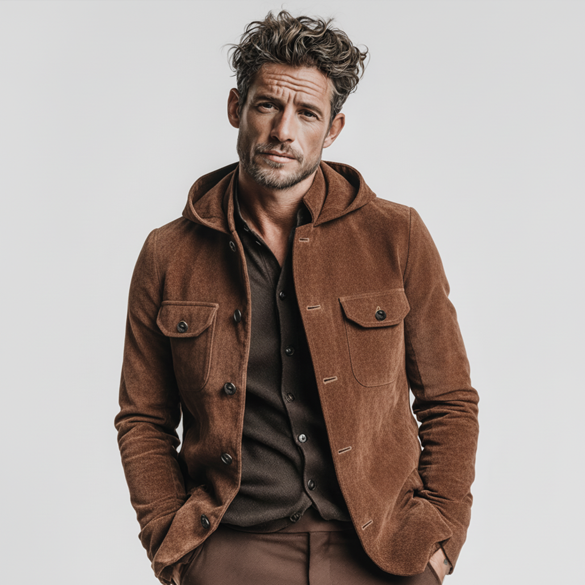 Men's Classic Casual Hooded Faux Suede Single-Breasted Jacket MTA1536K1K