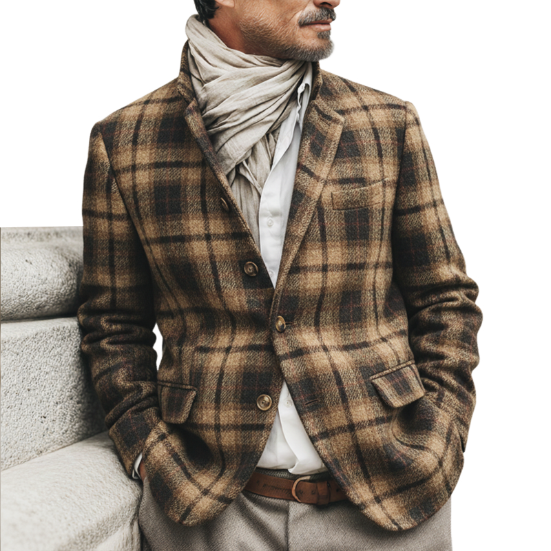 Men's Classic Plaid Stand Collar Double Vent Slim Fit Jacket MTA2249K8U