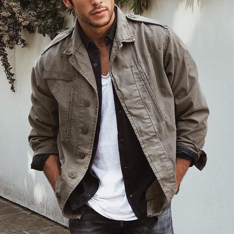 Men's Classic Retro Grey Distressed Cotton Button Jacket MTA0361K7U