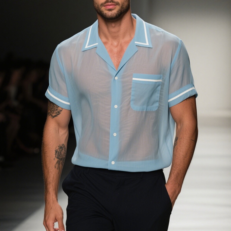 Men's Retro Casual Solid Color Mesh Lapel Short Sleeve Shirt MTA2332E3TO