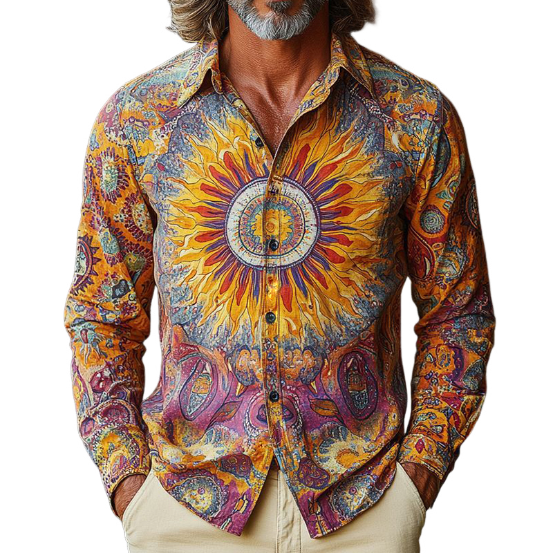 Men's Retro Casual Sun God Lapel Long Sleeve Shirt 22860751TO