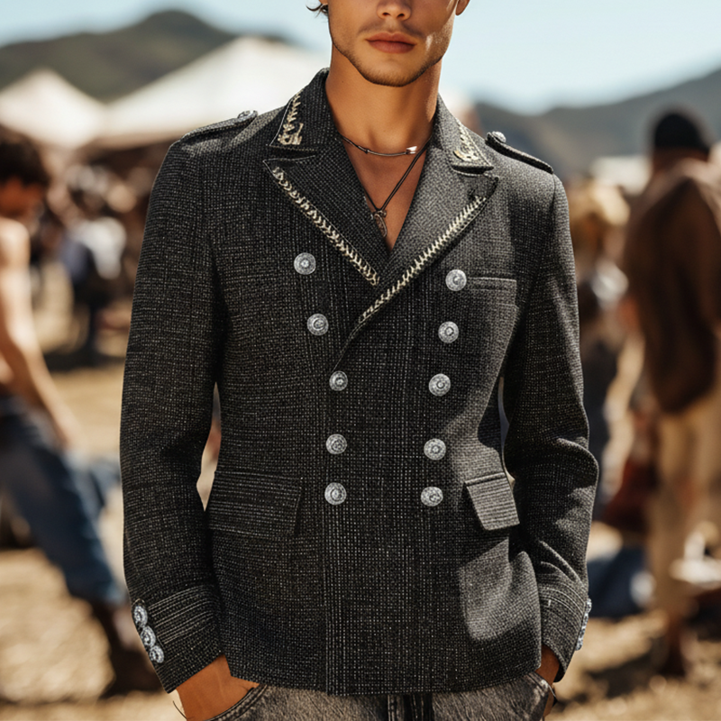 Men's Winter Fashion Simple Embroidered Tweed Double Breasted Military Jacket MTA2842I2P