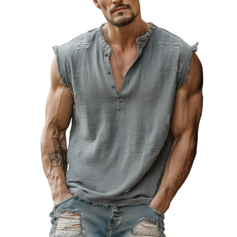 Men's Summer Casual Tough Style Henley Collar Cotton Blended Raw Edge Ripped Tank Top MTA1605G6K