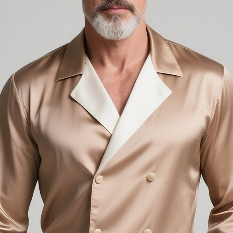 Men's Colorblock Satin Lapel Double Breasted Long Sleeve Shirt MTA0128G9Y