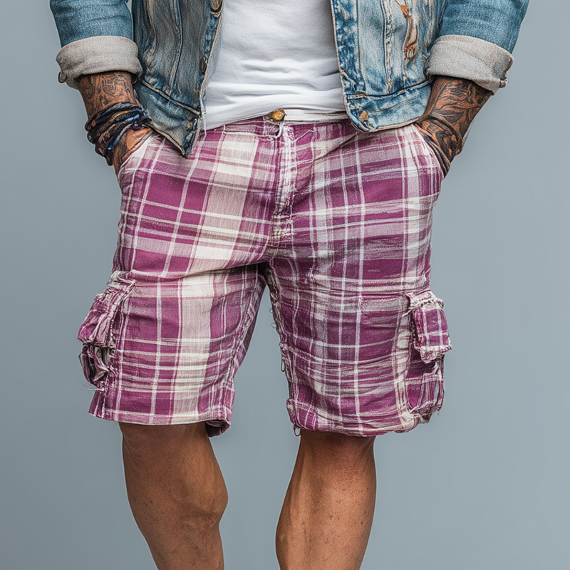 Men's Summer Linen Blend Fashion Plaid Print Casual Shorts MTA1457G6P