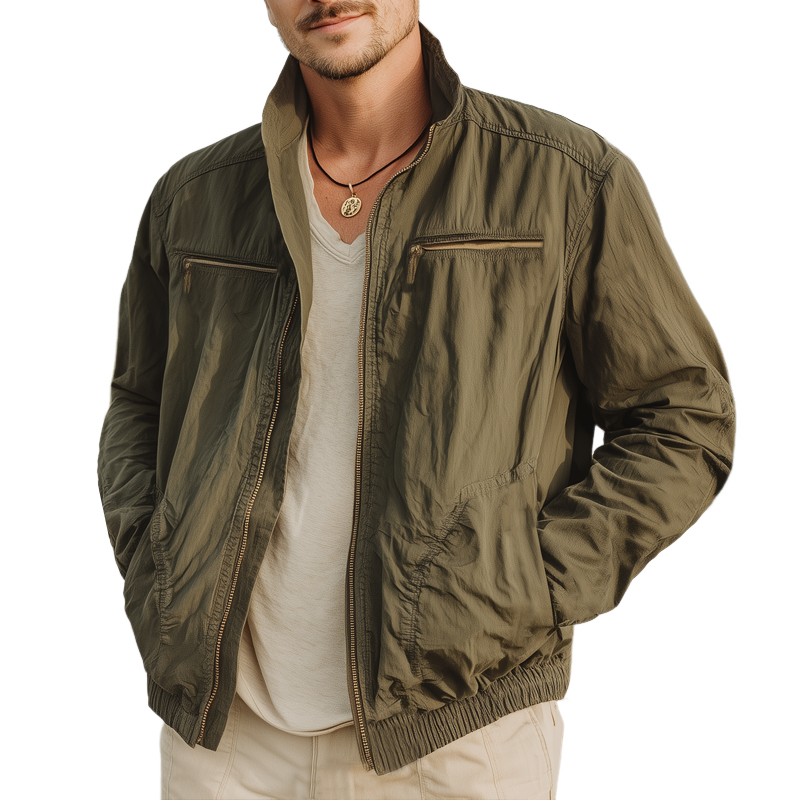 Men's Classic Military Green Stand-up Collar Zip-up Jacket MTA2919I7U