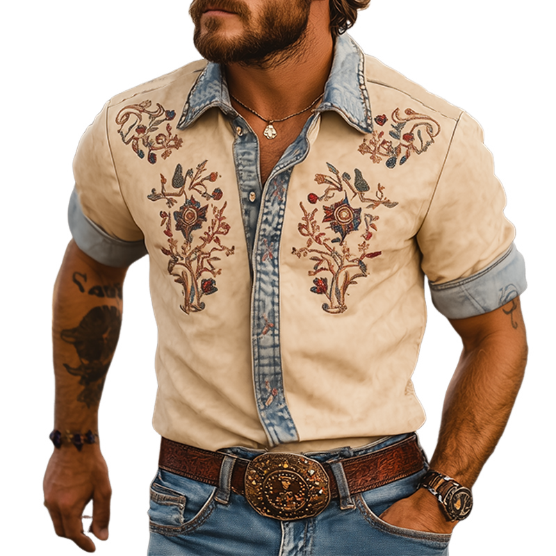 Men's Summer Fashion Retro Western Cowboy Style Denim Stitching Suede Embroidery Short-sleeved Shirt MTA2893D9K