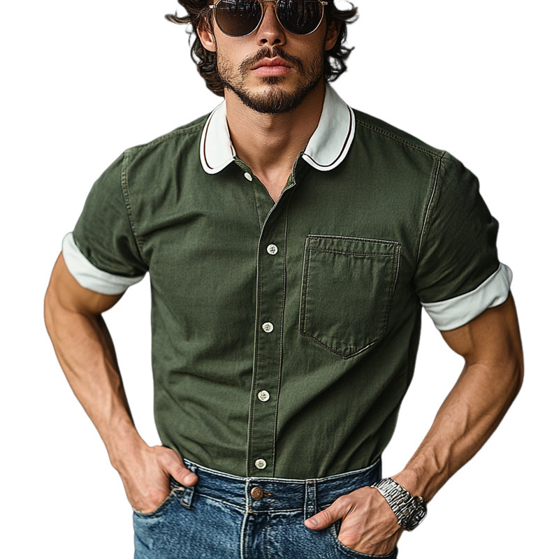 Men's Casual Cotton Contrast Color Short Sleeve Shirt MTA0349F8X